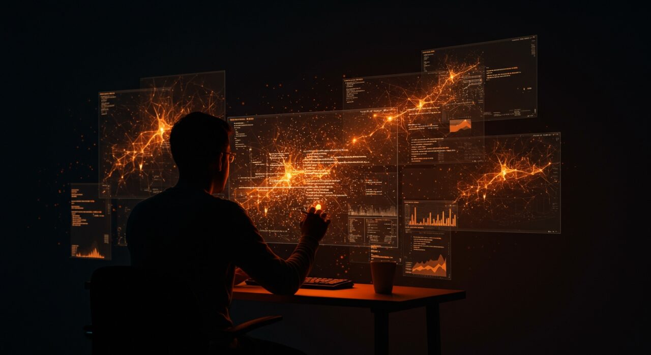 Desarrollador utilizando asistentes de código IA, mostrando la generación automática y automatización del desarrollo de software con inteligencia artificial.