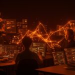 Equipo colaborando con inteligencia artificial para desarrollo de software empresarial sin vibe coding, con interfaces digitales y redes neuronales abstractas en tonos naranja y negro.