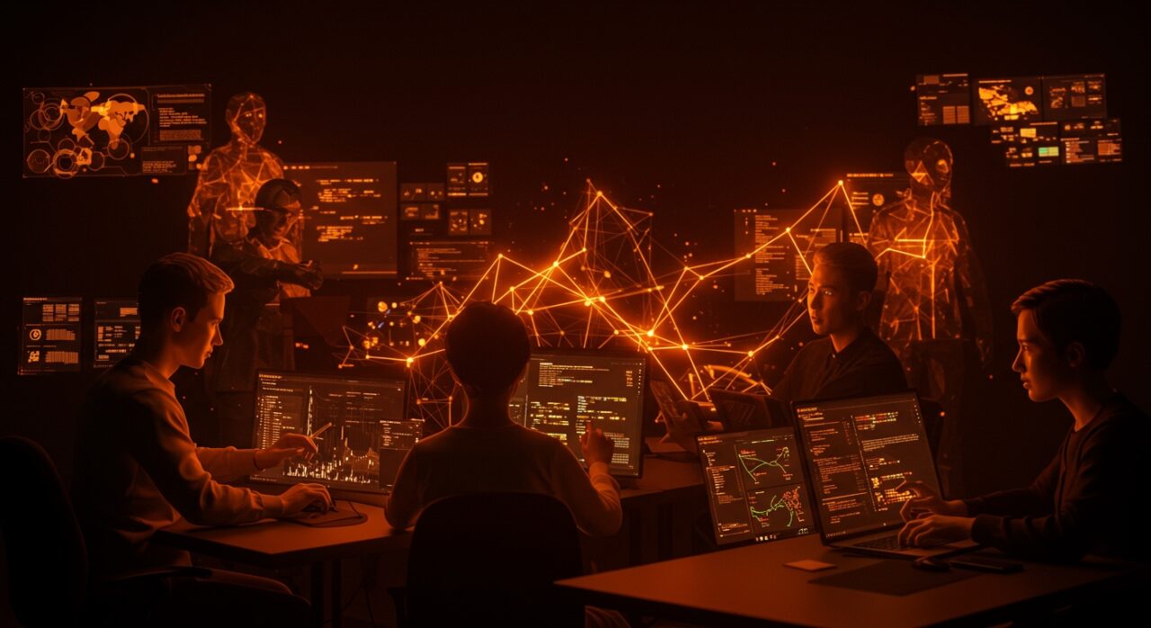 Equipo colaborando con inteligencia artificial para desarrollo de software empresarial sin vibe coding, con interfaces digitales y redes neuronales abstractas en tonos naranja y negro.