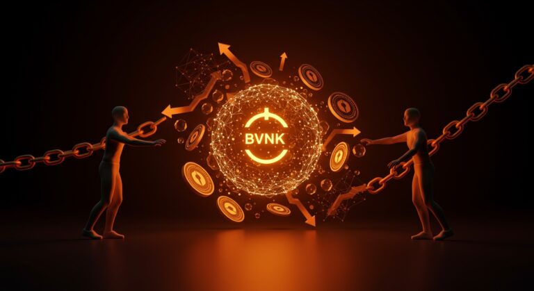 Competencia entre Coinbase y Mastercard en adquisición de BVNK, destacando stablecoins e infraestructura fintech en una imagen digital futurista.