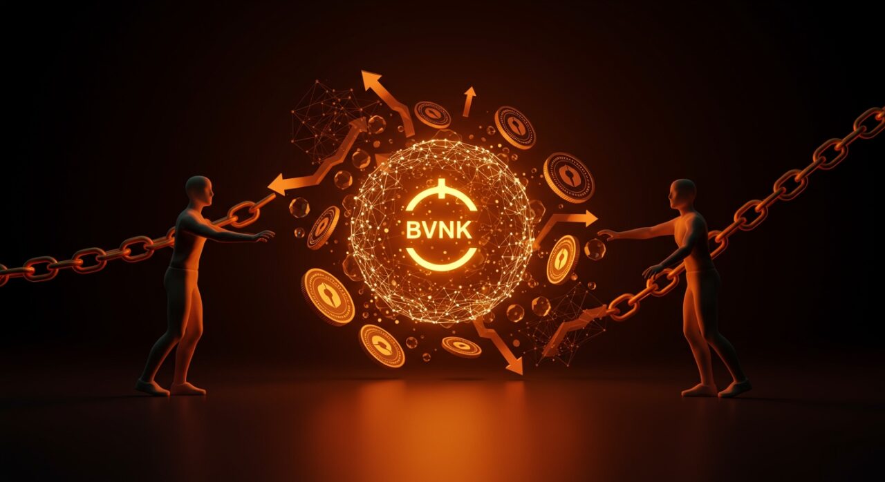Competencia entre Coinbase y Mastercard en adquisición de BVNK, destacando stablecoins e infraestructura fintech en una imagen digital futurista.