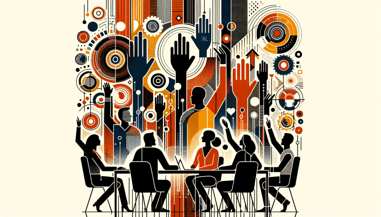 Imagen editorial que representa colaboración y comunidad en convocatorias de startups con paleta naranja y negro de Ecosistema Startup