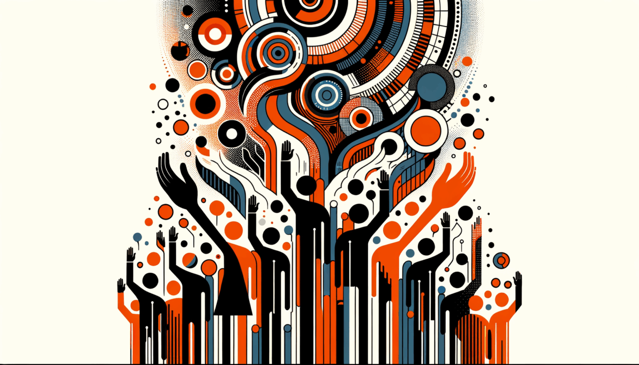 Imagen editorial de colaboración y comunidad en startups con tonos naranja y negro del Ecosistema Startup para convocatorias y oportunidades