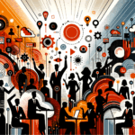 Colaboración y convocatoria en comunidad startup con siluetas y manos alzadas en colores naranja y negro Ecosistema Startup