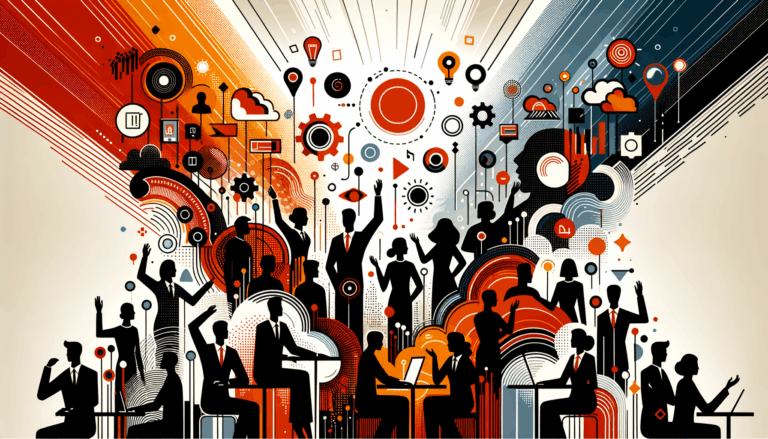 Colaboración y convocatoria en comunidad startup con siluetas y manos alzadas en colores naranja y negro Ecosistema Startup