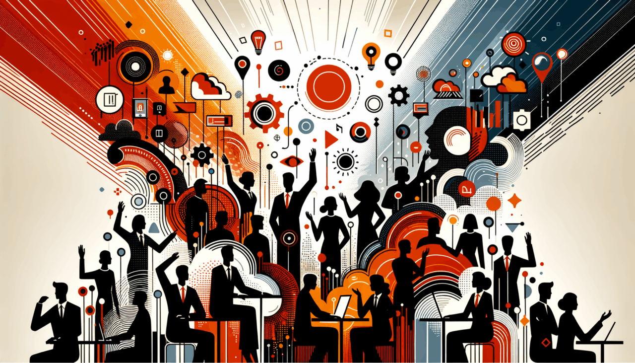 Colaboración y convocatoria en comunidad startup con siluetas y manos alzadas en colores naranja y negro Ecosistema Startup