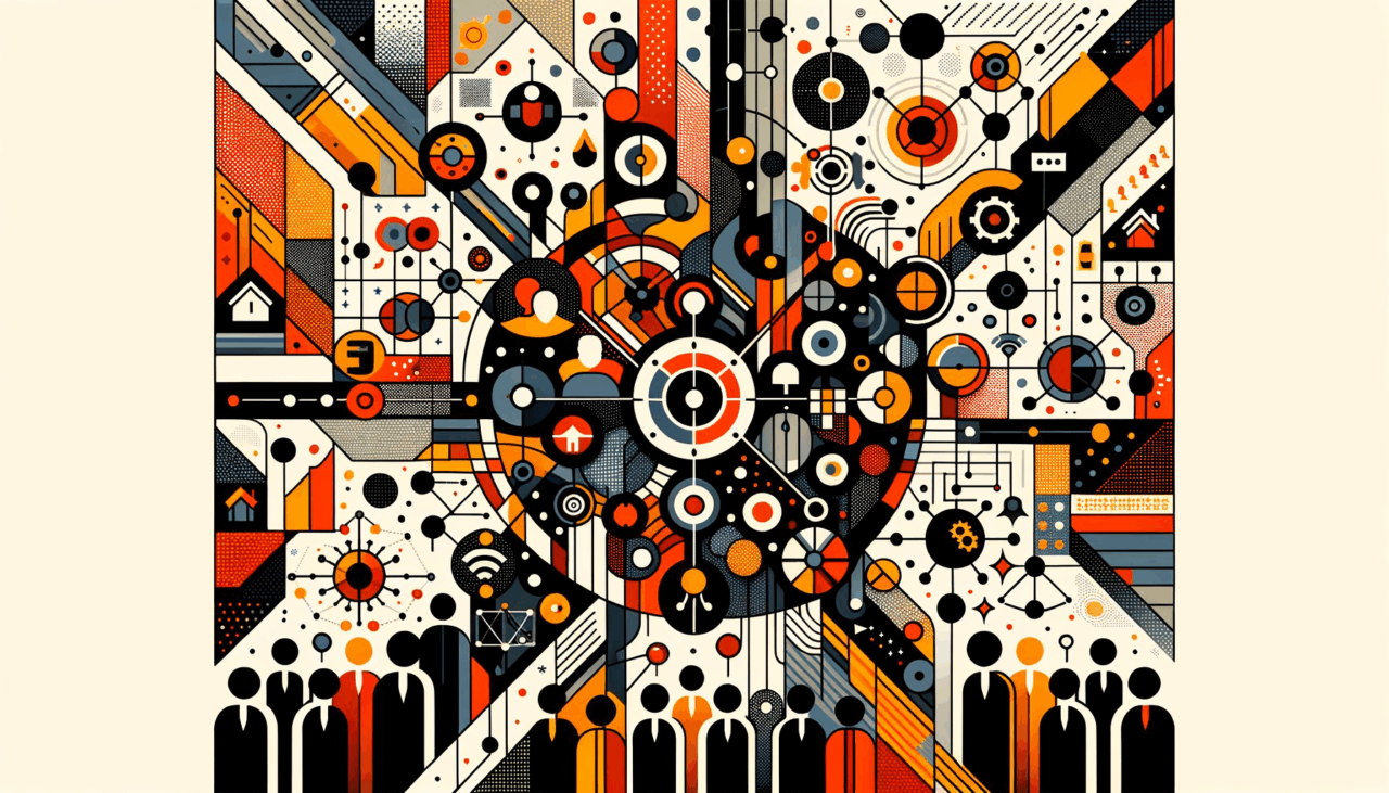 Colaboración y convocatoria en comunidad startup tecnológica con paleta de Ecosistema Startup naranja, negro y blanco