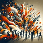 Personas colaborando y conectándose en convocatoria startup tecnológica, ilustración en paleta naranja y negro Ecosistema Startup