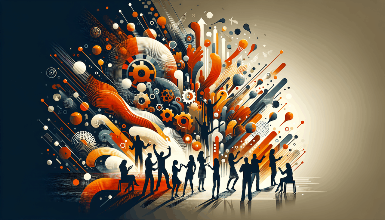 Personas colaborando y conectándose en convocatoria startup tecnológica, ilustración en paleta naranja y negro Ecosistema Startup