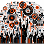 colaboración y convocatoria en startup tecnológica con siluetas de personas alzando manos en colores naranja y negro del Ecosistema Startup