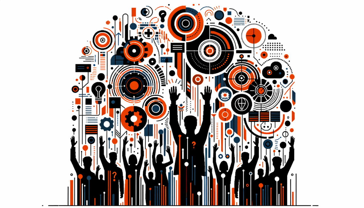 colaboración y convocatoria en startup tecnológica con siluetas de personas alzando manos en colores naranja y negro del Ecosistema Startup