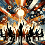 Imagen editorial que muestra colaboración y convocatoria en startups, con siluetas humanas y colores naranja y negro del ecosistema startup