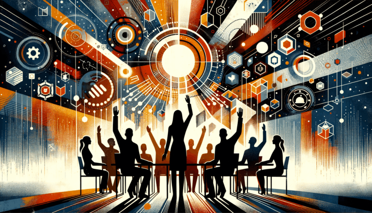 Imagen editorial que muestra colaboración y convocatoria en startups, con siluetas humanas y colores naranja y negro del ecosistema startup