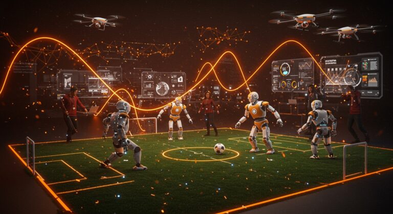 Robots interactivos y drones jugando fútbol en un evento tecnológico de Colombia 4.0 en Barranquilla, mostrando innovación en inteligencia artificial y startups.