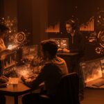 Equipo diverso colaborando en una startup con elementos visuales de IA aplicada y apoyo institucional, destacando la cultura de empresa y motivación.