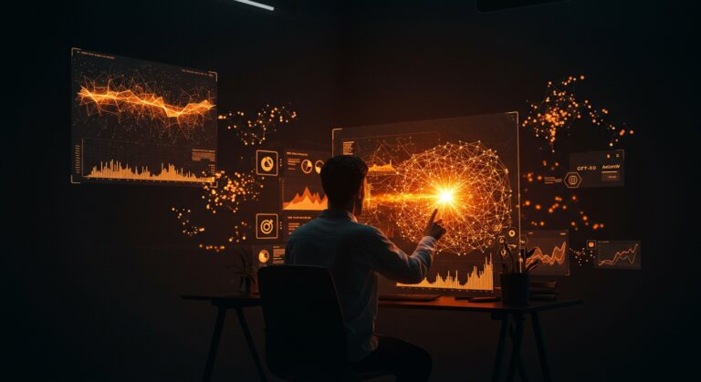 Investigador de IA entrenando un modelo de lenguaje grande desde cero con visualizaciones de optimización y pesos GPT-2 en un entorno futurista en tonos naranja y negro.