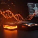 Dispositivo MinION para secuenciación de ADN en primer plano con luces naranjas y elementos visuales que representan innovación en biotecnología accesible.
