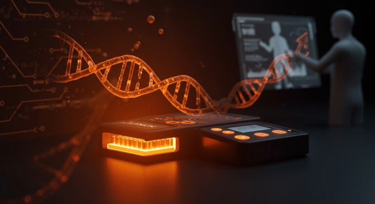 Dispositivo MinION para secuenciación de ADN en primer plano con luces naranjas y elementos visuales que representan innovación en biotecnología accesible.