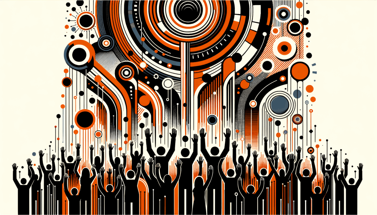 Comunidad colaborativa en convocatoria de startup tecnológica con paleta de colores naranja y negro Ecosistema Startup