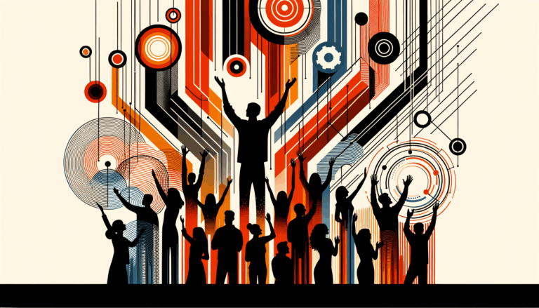 Personas colaborando en comunidad startup durante convocatoria, colores naranja y negro del Ecosistema Startup