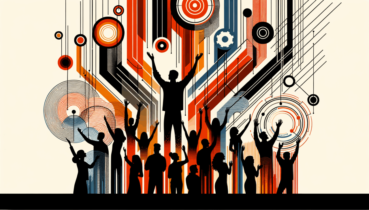 Personas colaborando en comunidad startup durante convocatoria, colores naranja y negro del Ecosistema Startup