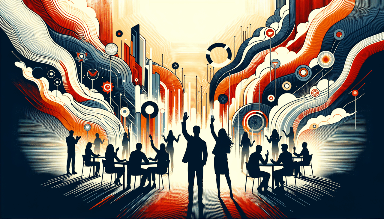 Comunidad startup colaborando en convocatoria tecnológica con paleta naranja y negro Ecosistema Startup