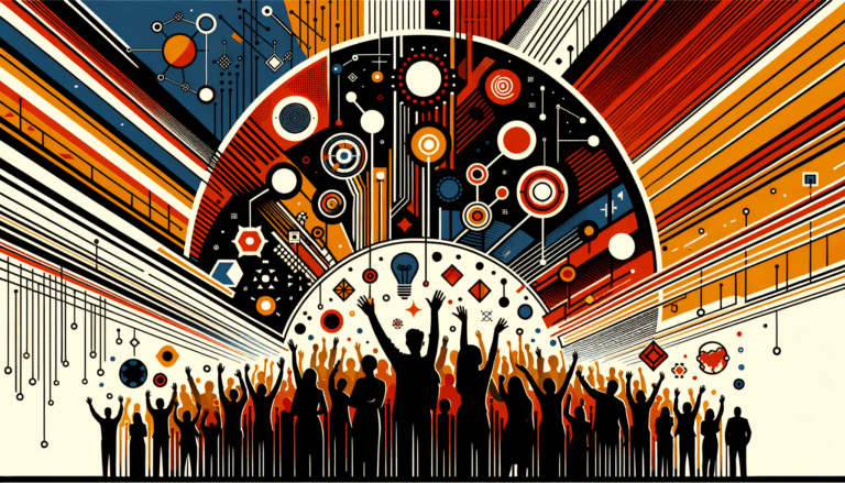 Comunidad y convocatoria en startups tecnológicas representadas con siluetas colaborando y colores naranja y negro del Ecosistema Startup