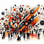 Ilustración abstracta de comunidad startup colaborando en convocatoria para nuevas oportunidades, con paleta naranja, negro y blanco Ecosistema Startup