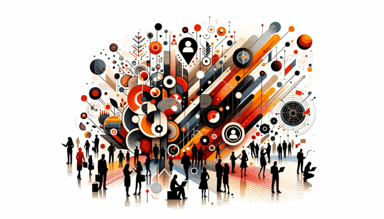 Ilustración abstracta de comunidad startup colaborando en convocatoria para nuevas oportunidades, con paleta naranja, negro y blanco Ecosistema Startup