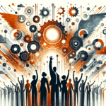 Comunidad de startups colaborando en convocatoria tecnológica con colores naranja y negro del Ecosistema Startup