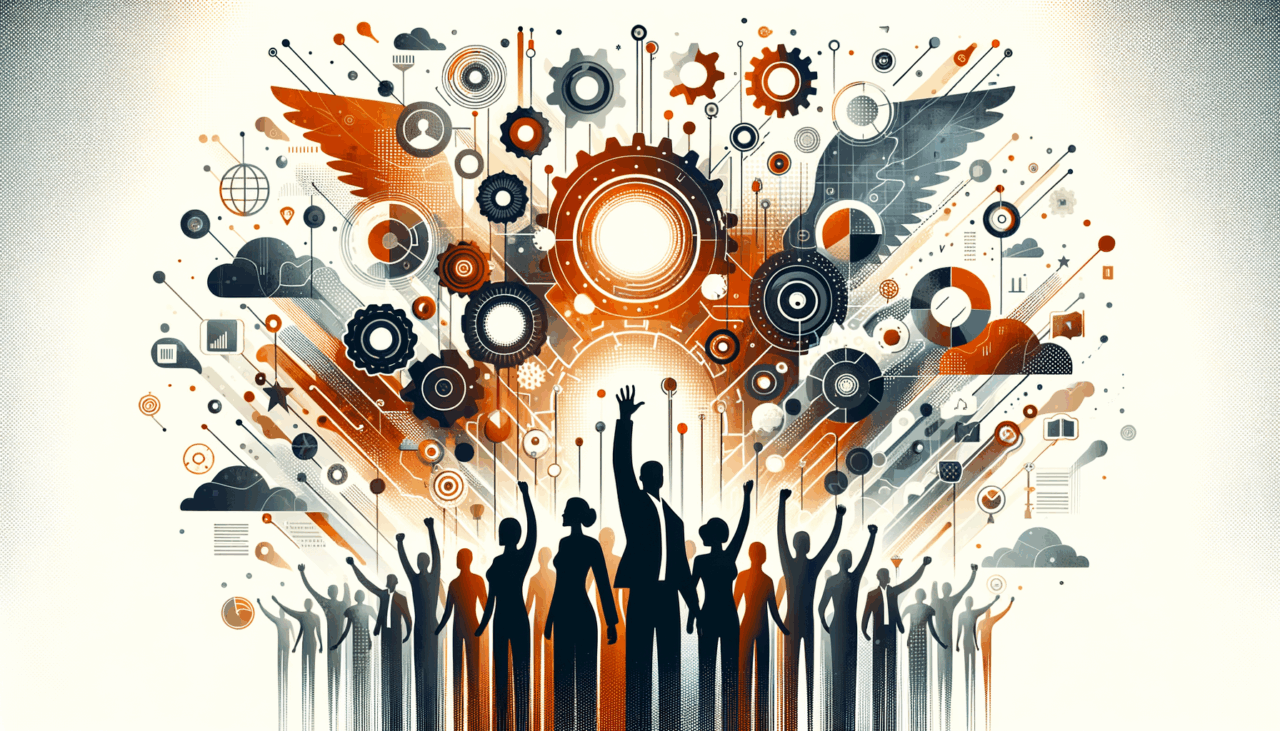 Comunidad de startups colaborando en convocatoria tecnológica con colores naranja y negro del Ecosistema Startup