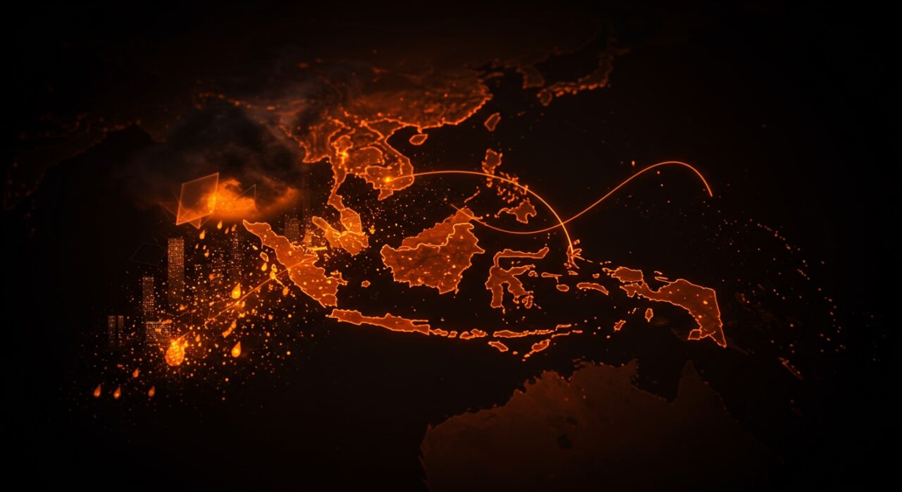 Mapa estilizado del Sudeste Asiático con contaminación alterando patrones de lluvia y afectando gestión del agua y clima.