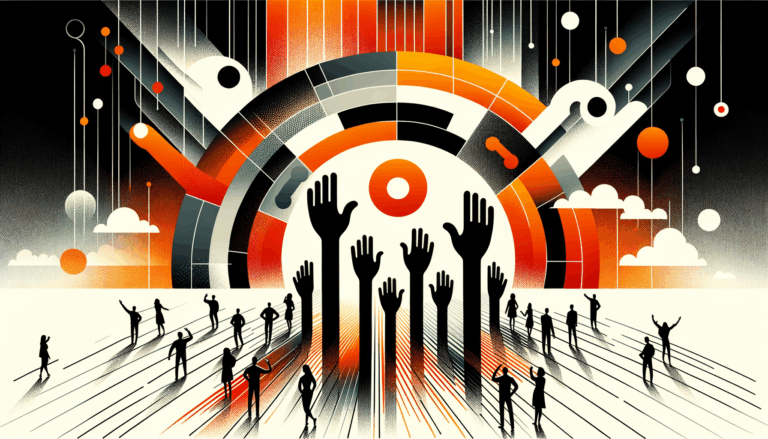 Convocatoria y colaboración en comunidad startup con siluetas de personas y manos alzadas en paleta Ecosistema Startup