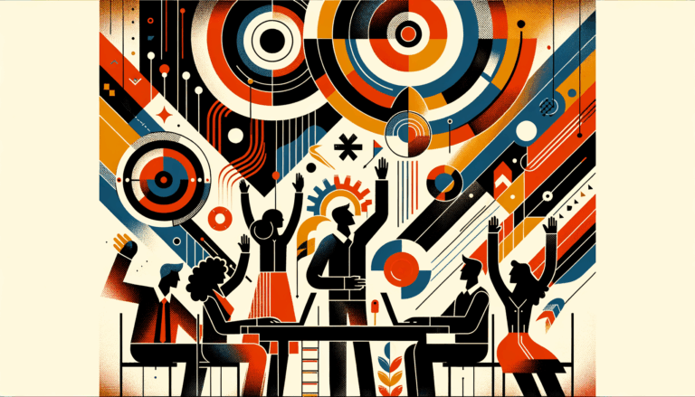 Convocatoria y colaboración en comunidad startup con siluetas de personas y manos alzadas en tonos naranja y negro del Ecosistema Startup