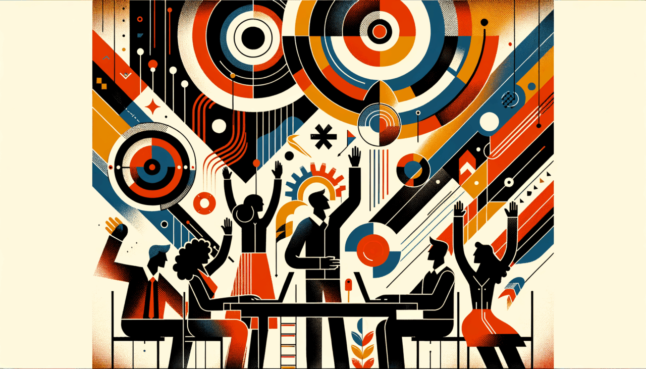 Convocatoria y colaboración en comunidad startup con siluetas de personas y manos alzadas en tonos naranja y negro del Ecosistema Startup