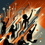 Convocatoria y colaboración en comunidad startup con siluetas de personas y manos alzadas en colores naranja y negro del Ecosistema Startup