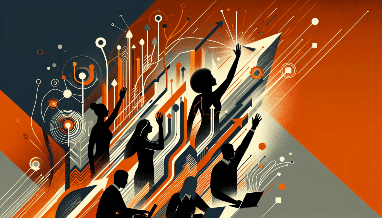 Convocatoria y colaboración en comunidad startup con siluetas de personas y manos alzadas en colores naranja y negro del Ecosistema Startup
