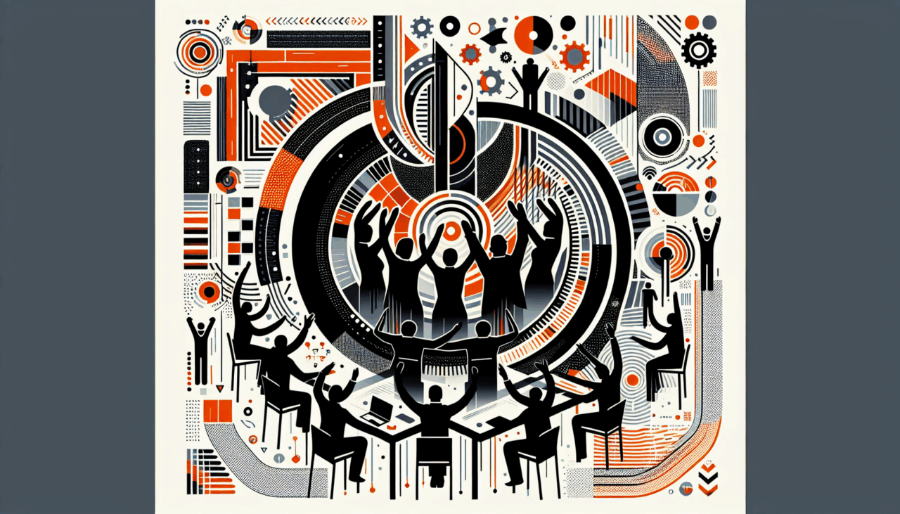 Convocatoria y colaboración en la comunidad startup con colores naranja y negro del Ecosistema Startup