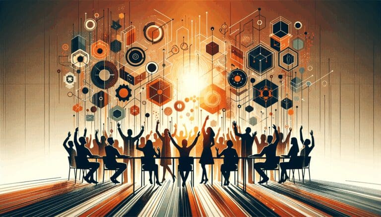 Convocatoria y colaboración en comunidad startup con colores naranja y negro de Ecosistema Startup