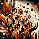 Ilustración de convocatoria y colaboración en comunidad startup con personas y manos alzadas en paleta naranja y negro Ecosistema Startup