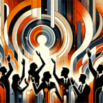 Convocatoria y colaboración en comunidad startup con siluetas y manos alzadas en paleta naranja y negro Ecosistema Startup