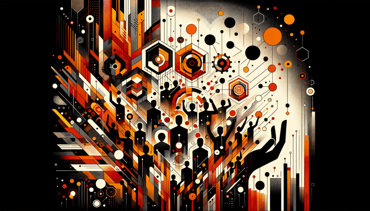 Ilustración de convocatoria y colaboración en comunidad startup con personas y manos alzadas en paleta naranja y negro Ecosistema Startup