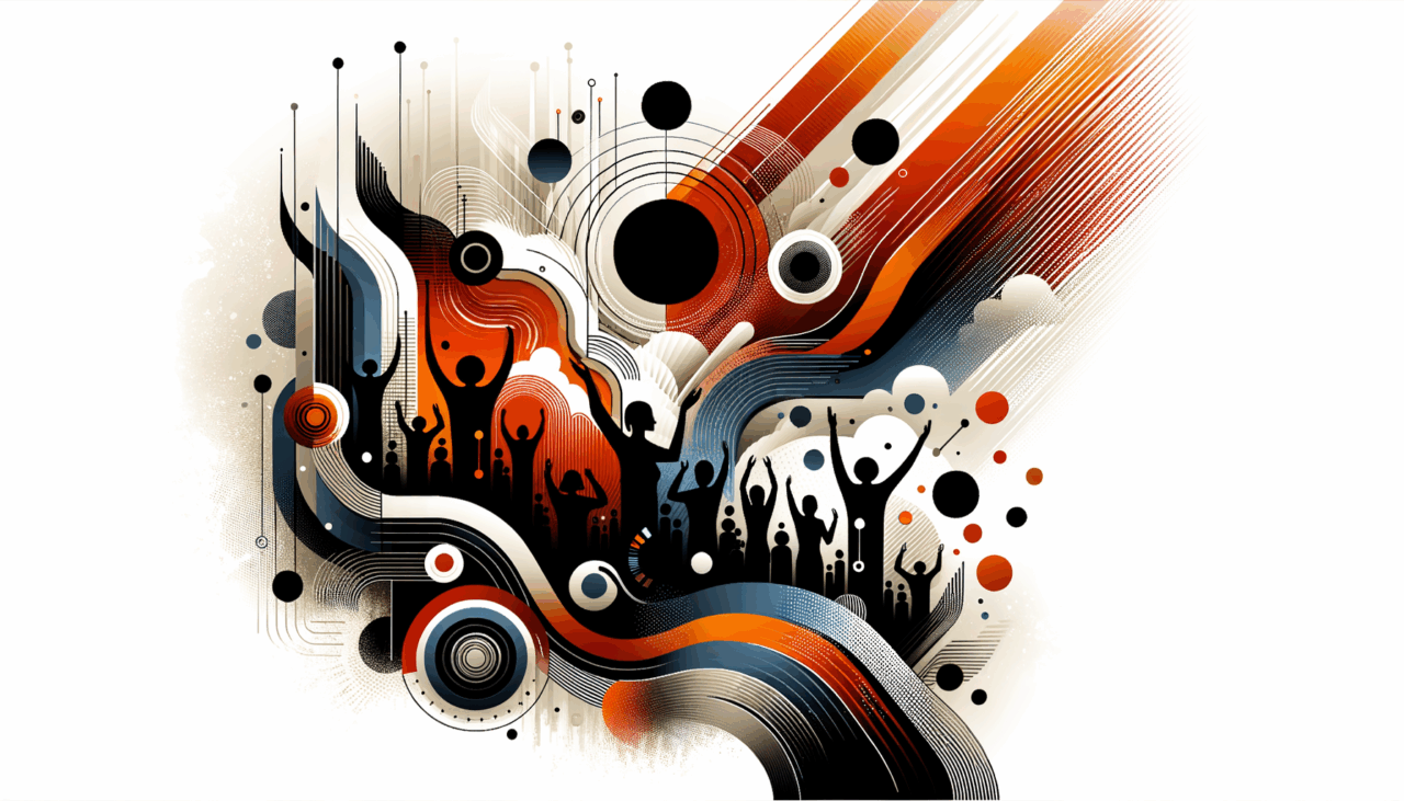 Ilustración de convocatoria y colaboración en comunidad startup con siluetas de personas y manos alzadas en paleta de colores Ecosistema Startup