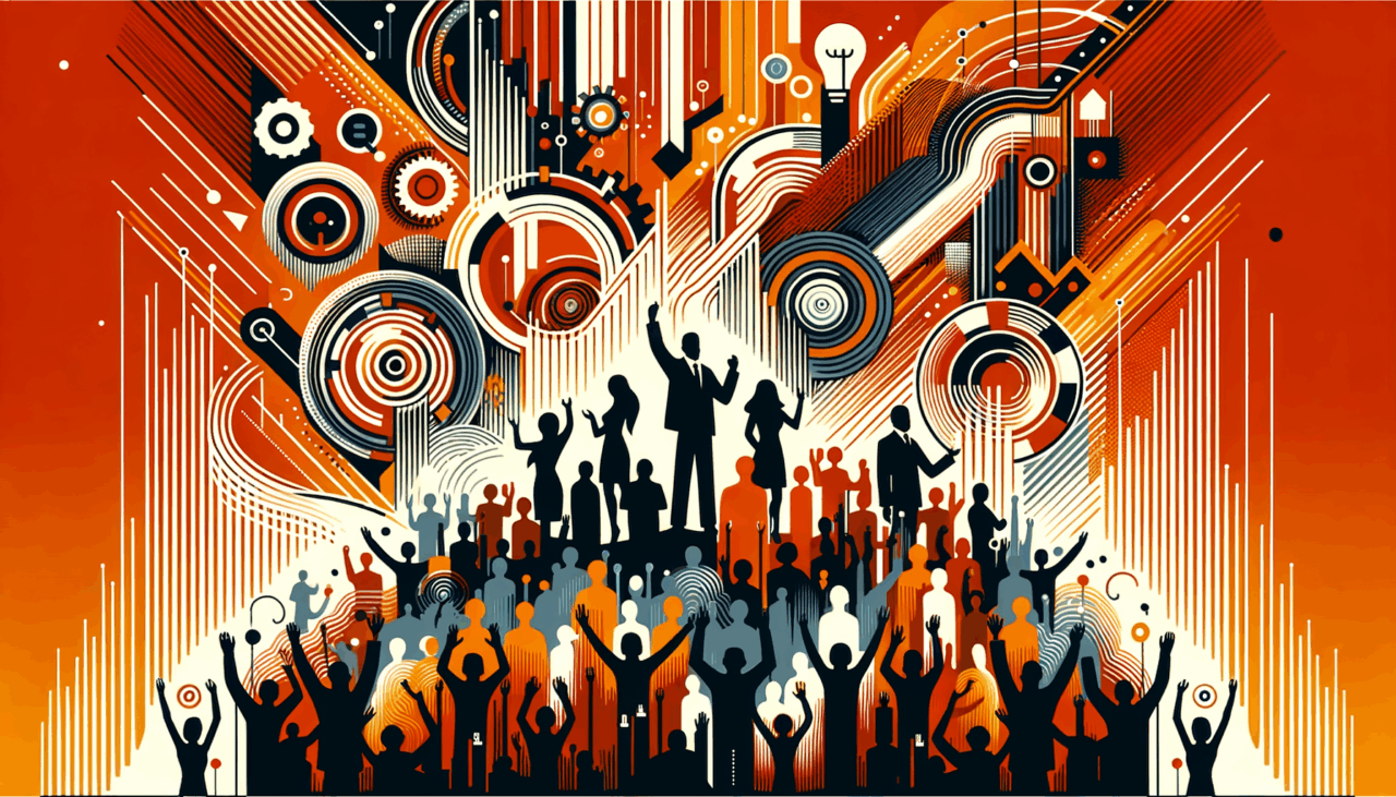 Convocatoria y colaboración en comunidad startup tecnológica con paleta naranja y negro Ecosistema Startup