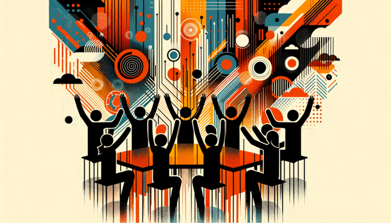 Imagen editorial que representa convocatoria y colaboración en startups con paleta de colores naranja, negro y blanco del Ecosistema Startup