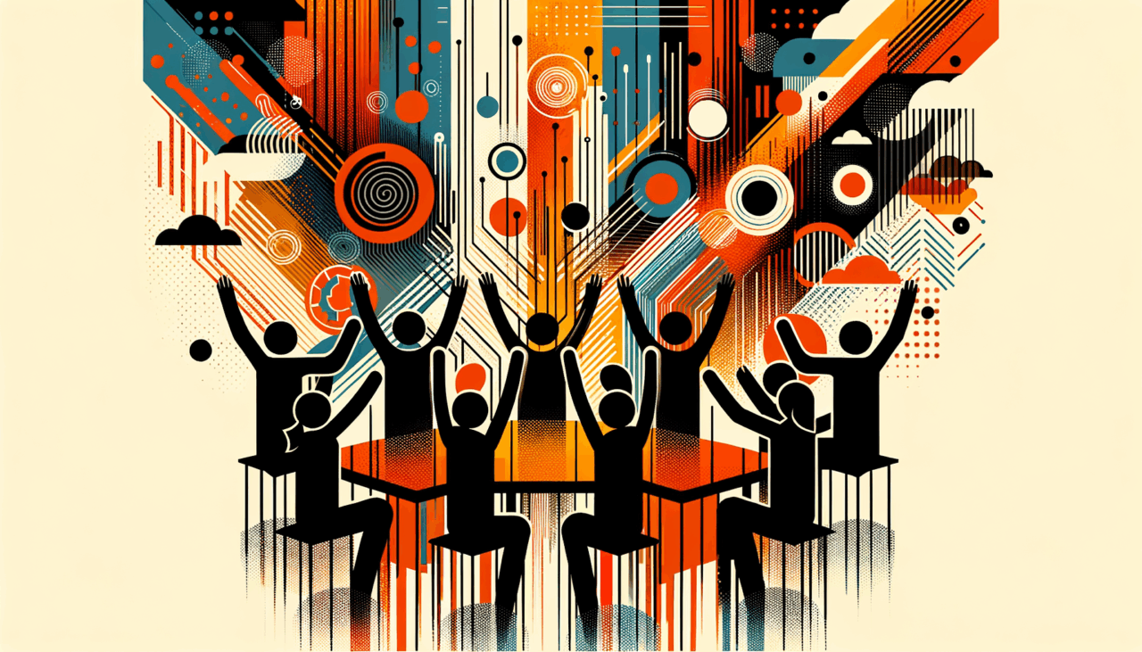 Imagen editorial que representa convocatoria y colaboración en startups con paleta de colores naranja, negro y blanco del Ecosistema Startup