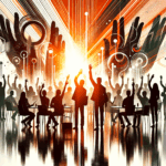 Siluetas de personas colaborando en convocatoria de startup tecnológica con colores naranja y negro de Ecosistema Startup