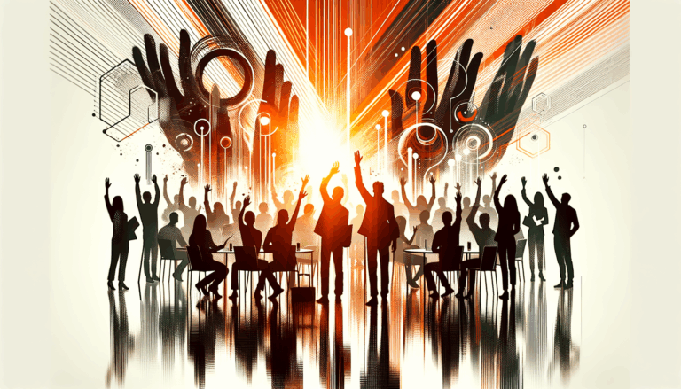 Siluetas de personas colaborando en convocatoria de startup tecnológica con colores naranja y negro de Ecosistema Startup