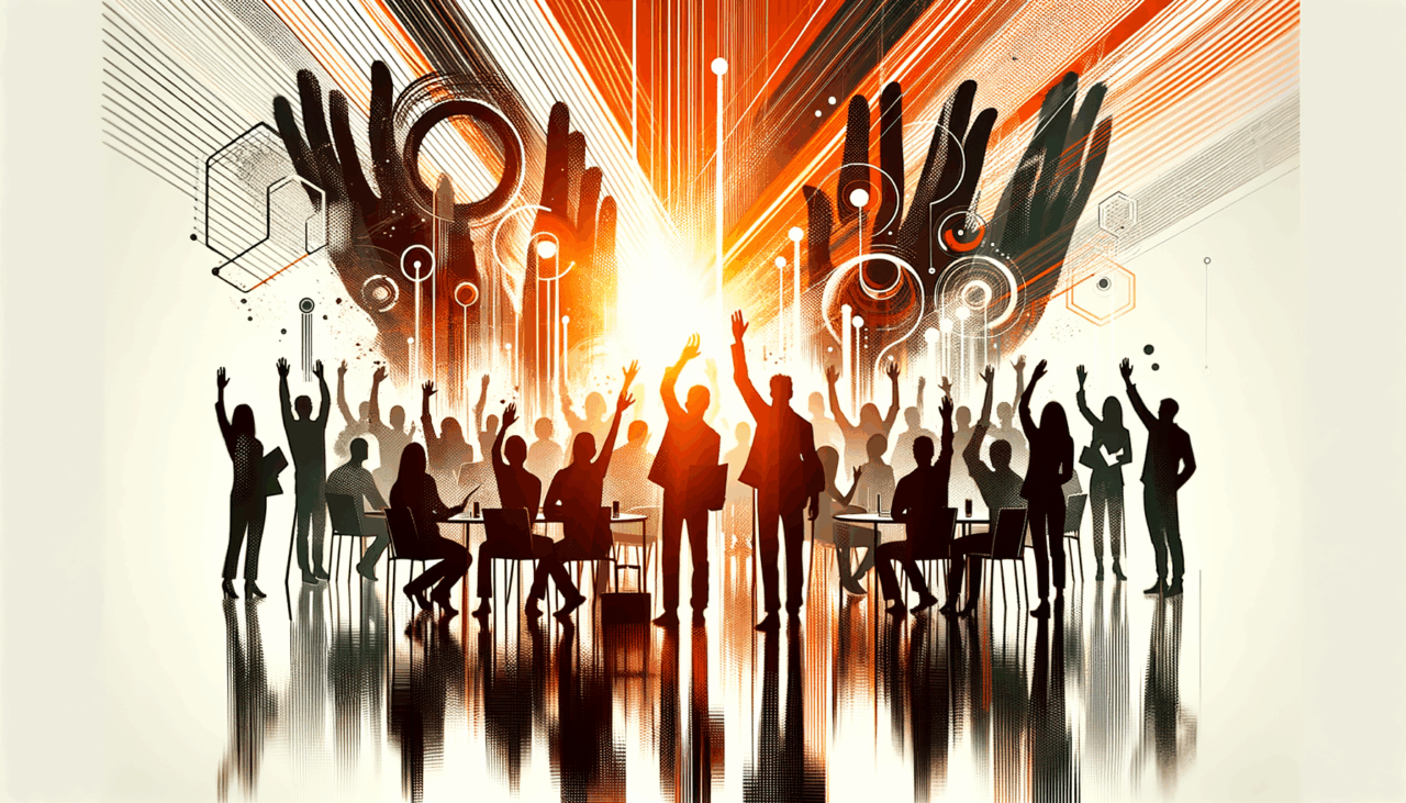 Siluetas de personas colaborando en convocatoria de startup tecnológica con colores naranja y negro de Ecosistema Startup