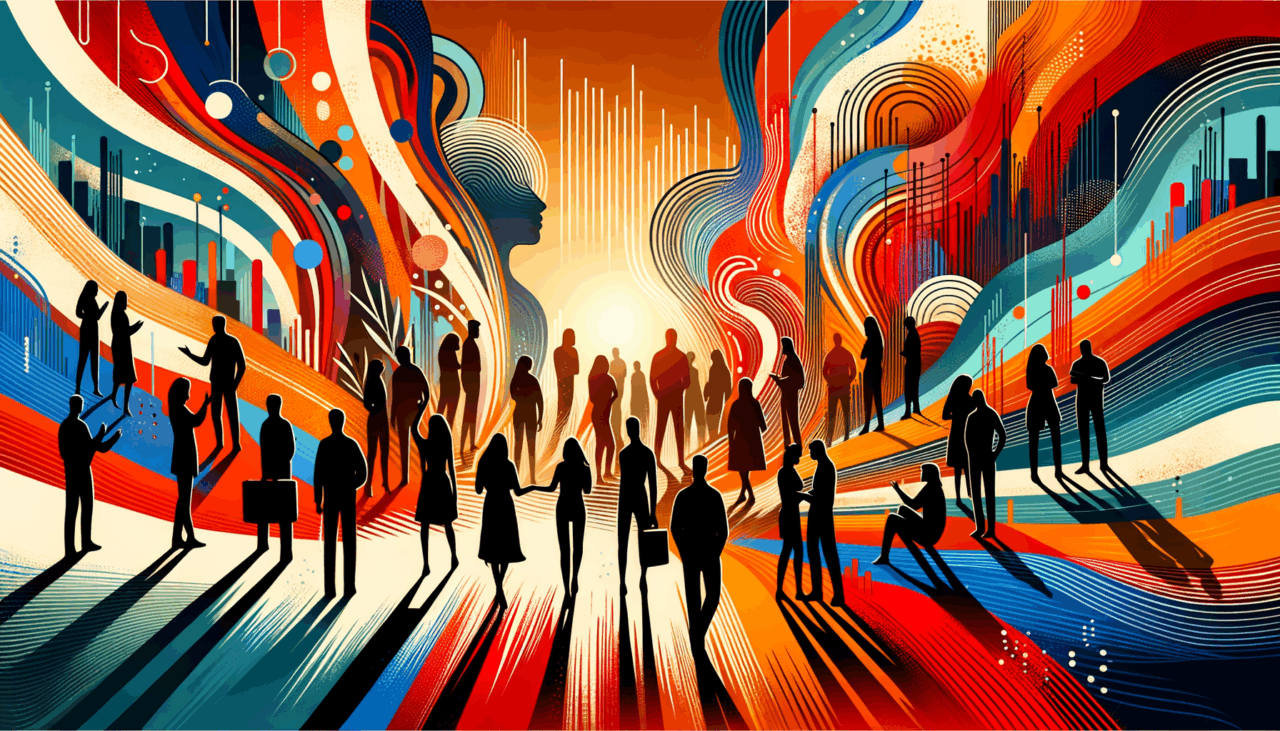 Imagen editorial que representa convocatoria y colaboración en startups, con siluetas de personas y una paleta en naranja y negro del Ecosistema Startup